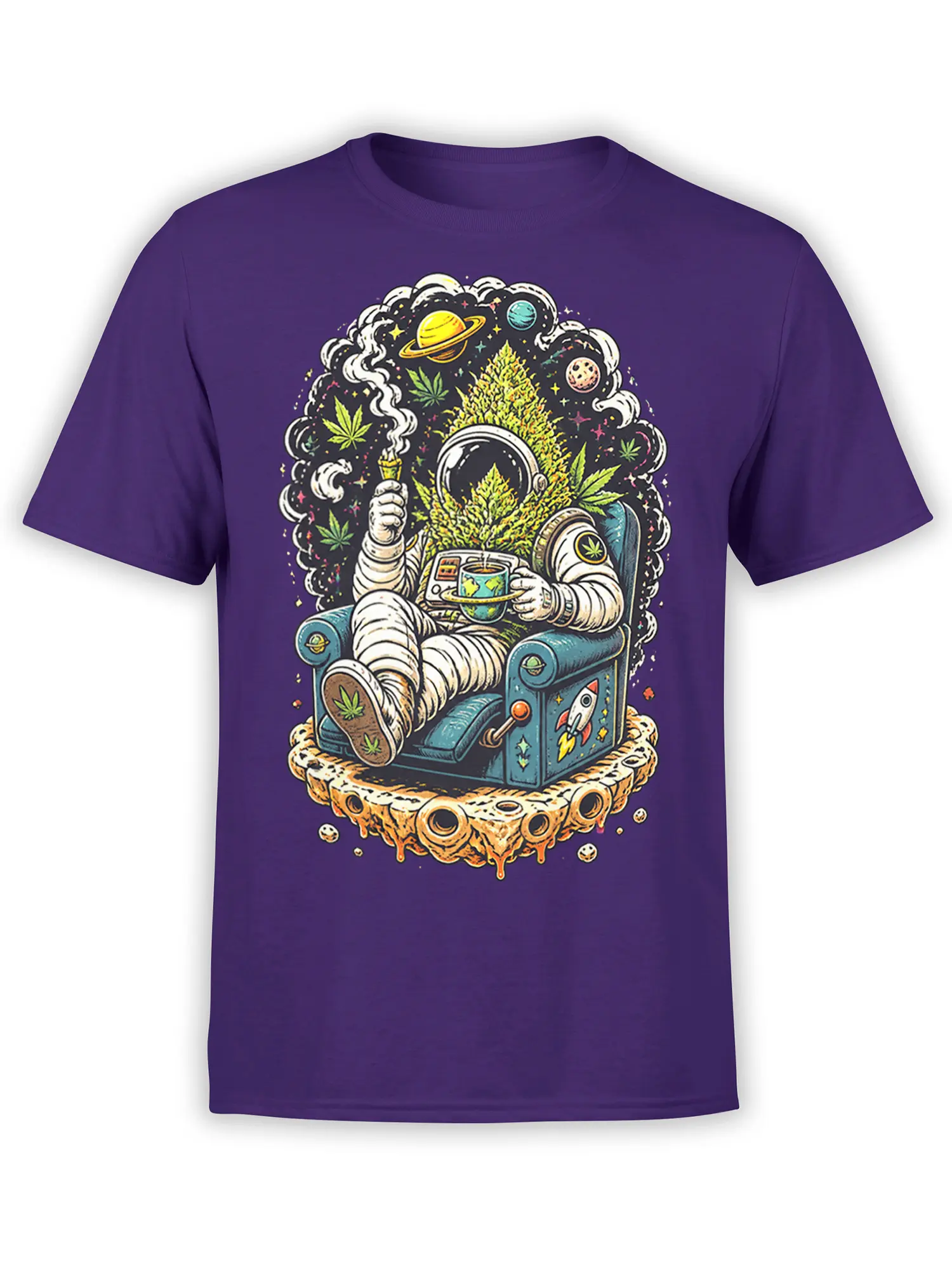 Purple astronaut t-shirt with a relaxed space explorer, planets, smoke, cannabis leaves, and a retro chair
