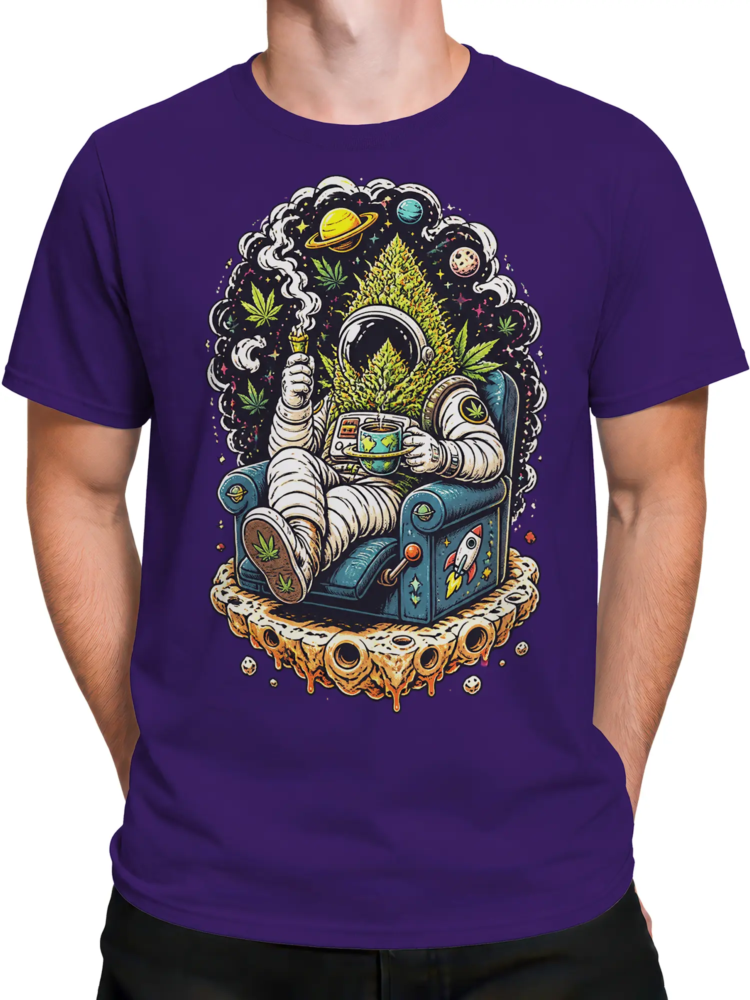 Male torso wearing a purple astronaut t-shirt with retro space art, planets, smoke, cannabis leaves, and a rocket chair