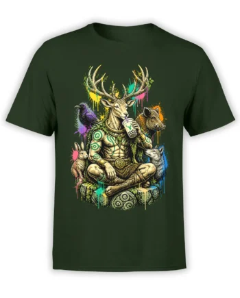 Green T-shirt featuring a meditating antlered stag with a raven, boar, rabbit, wolf, and bubble tea