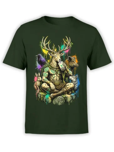 Green T-shirt featuring a meditating antlered stag with a raven, boar, rabbit, wolf, and bubble tea