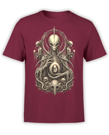 Detailed extraterrestrial artwork with skulls, snakes, and a fetus-like figure on a burgundy graphic T-shirt
