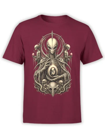Detailed extraterrestrial artwork with skulls, snakes, and a fetus-like figure on a burgundy graphic T-shirt