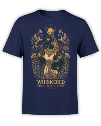 Whiskered Grace Egyptian-inspired cat artwork with flowers and sacred symbols on a navy T-shirt