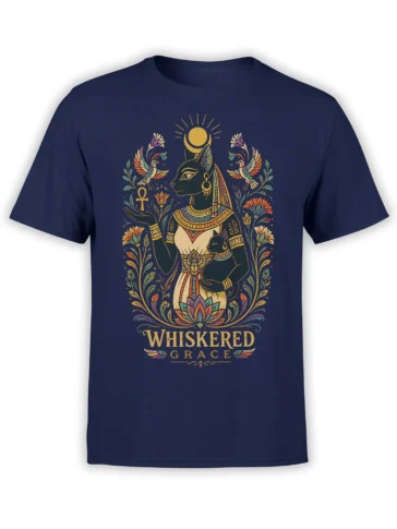 Whiskered Grace Egyptian-inspired cat artwork with flowers and sacred symbols on a navy T-shirt