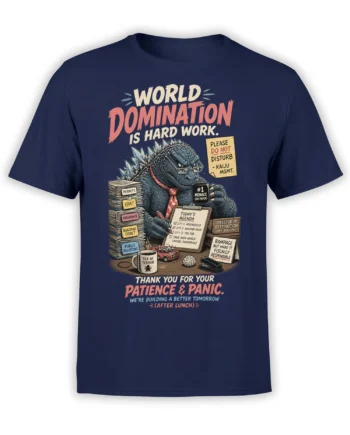 Bespectacled kaiju manager in a red tie surrounded by paperwork on a navy monster t-shirt