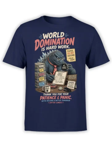 Bespectacled kaiju manager in a red tie surrounded by paperwork on a navy monster t-shirt