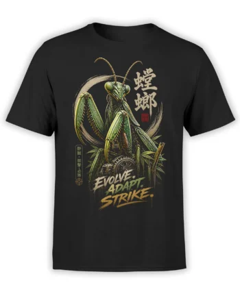Black T-shirt with detailed green praying mantis artwork and “EVOLVE ADAPT STRIKE” lettering