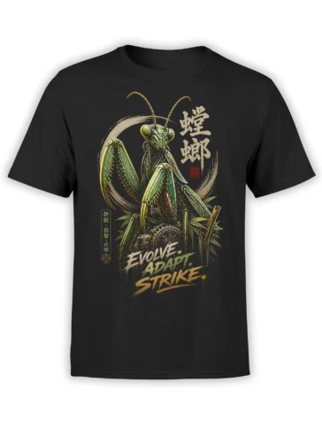 Black T-shirt with detailed green praying mantis artwork and “EVOLVE ADAPT STRIKE” lettering
