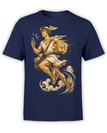 Winged classical courier carrying a phone and package through clouds on a navy T-shirt
