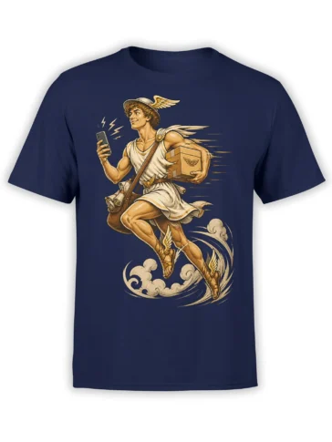 Winged classical courier carrying a phone and package through clouds on a navy T-shirt