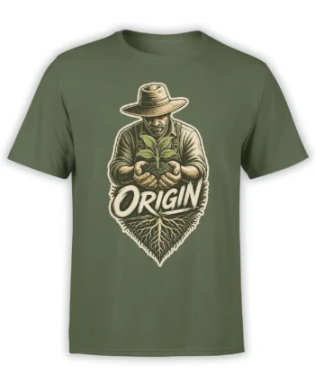 Green farmer T-shirt with a vintage illustration of a man holding a seedling above bold ORIGIN lettering