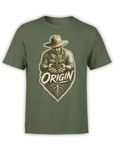 Green farmer T-shirt with a vintage illustration of a man holding a seedling above bold ORIGIN lettering