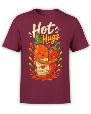 Hot sauce bottle hugging a chili pepper with “Hot Hugs” lettering on a burgundy graphic T-shirt
