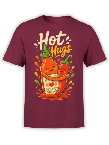 Hot sauce bottle hugging a chili pepper with “Hot Hugs” lettering on a burgundy graphic T-shirt
