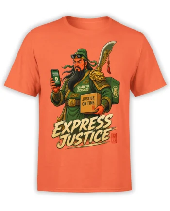 Guan Yu justice graphic tee in orange with sword, delivery phone, parcel, and bold Express Justice lettering