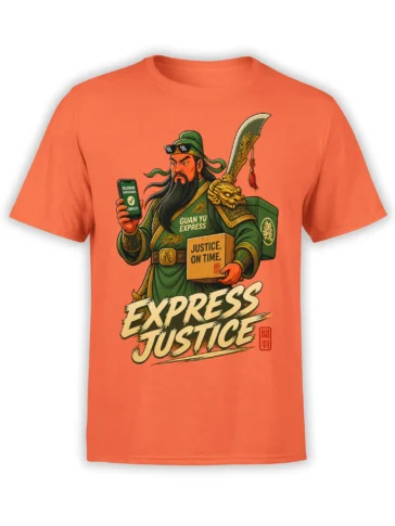 Guan Yu justice graphic tee in orange with sword, delivery phone, parcel, and bold Express Justice lettering