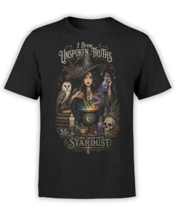Black fantasy T-shirt with a witch brewing a glowing potion beside an owl, skull, crystals, and mystical books