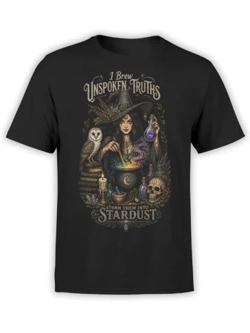 Black fantasy T-shirt with a witch brewing a glowing potion beside an owl, skull, crystals, and mystical books