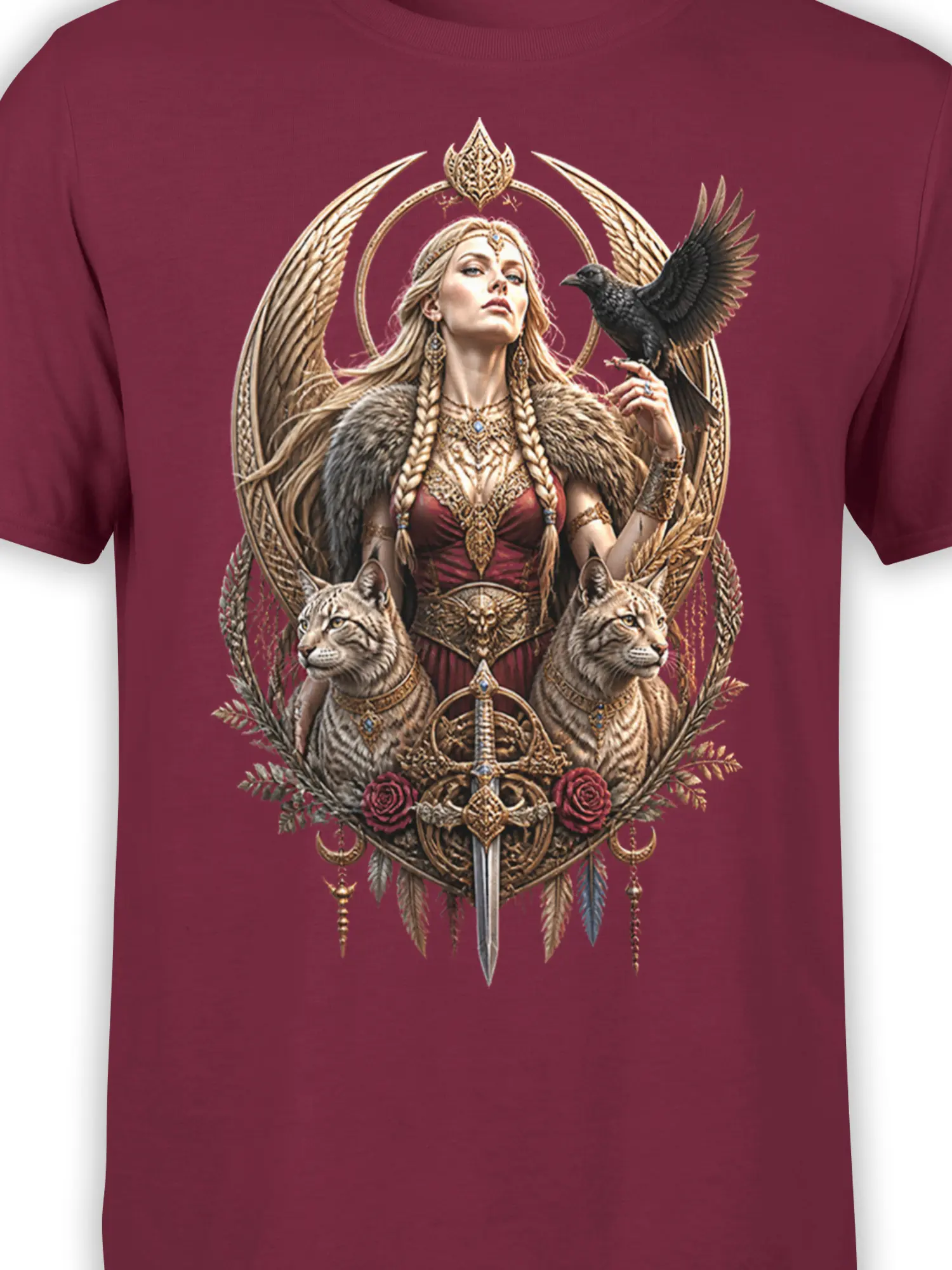 Close-up of winged guardian fantasy artwork with a raven and two feline companions on burgundy fabric