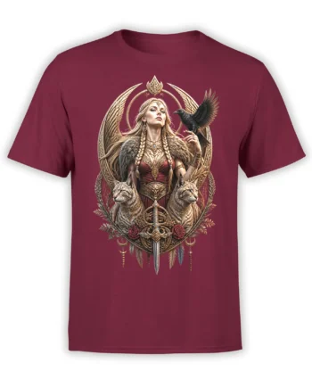 Front view of a burgundy T-shirt with a winged woman, raven, two feline guardians, and ornate sword artwork