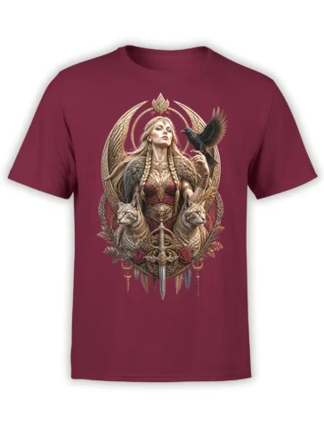 Front view of a burgundy T-shirt with a winged woman, raven, two feline guardians, and ornate sword artwork