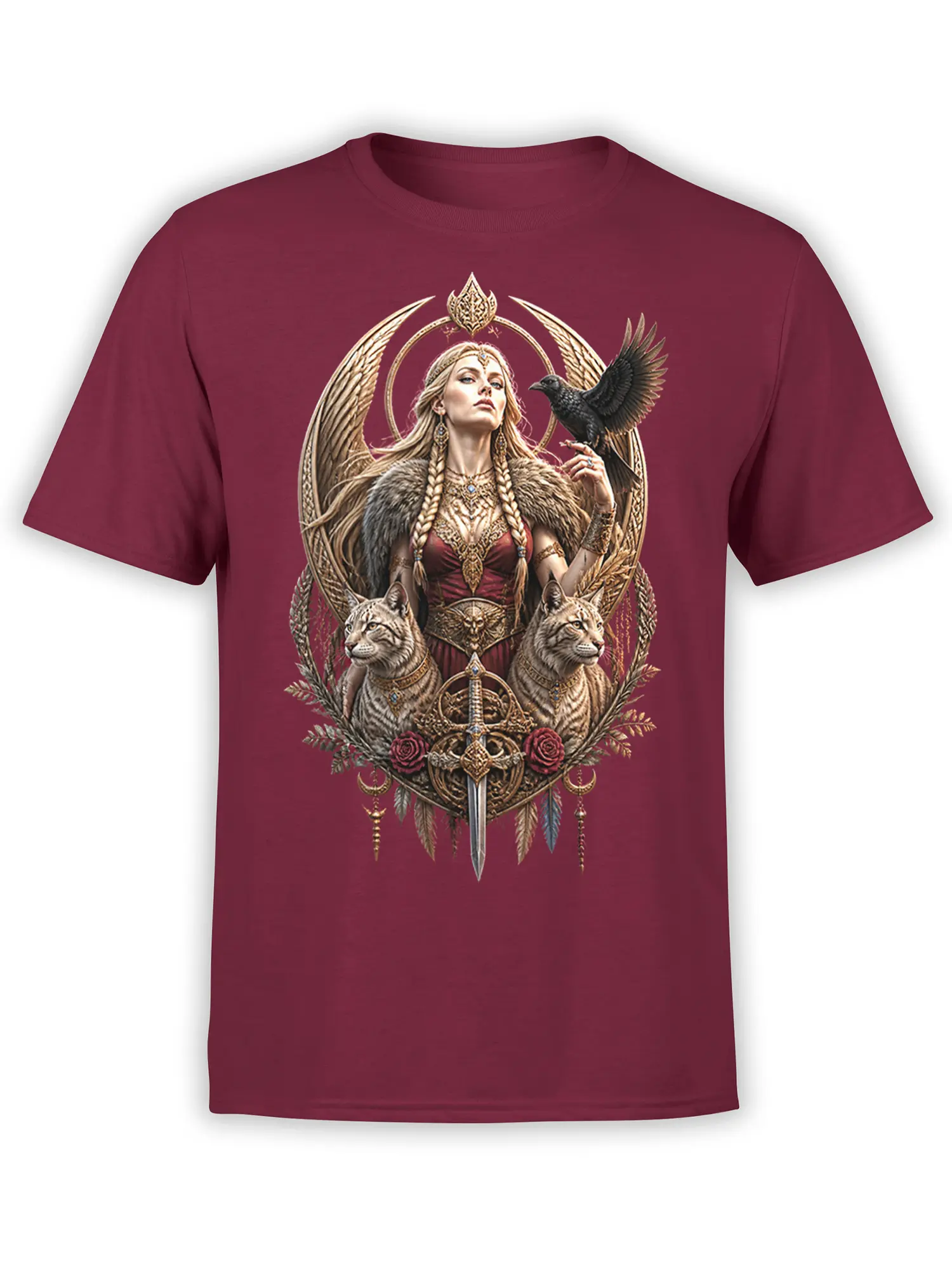 Front view of a burgundy T-shirt with a winged woman, raven, two feline guardians, and ornate sword artwork