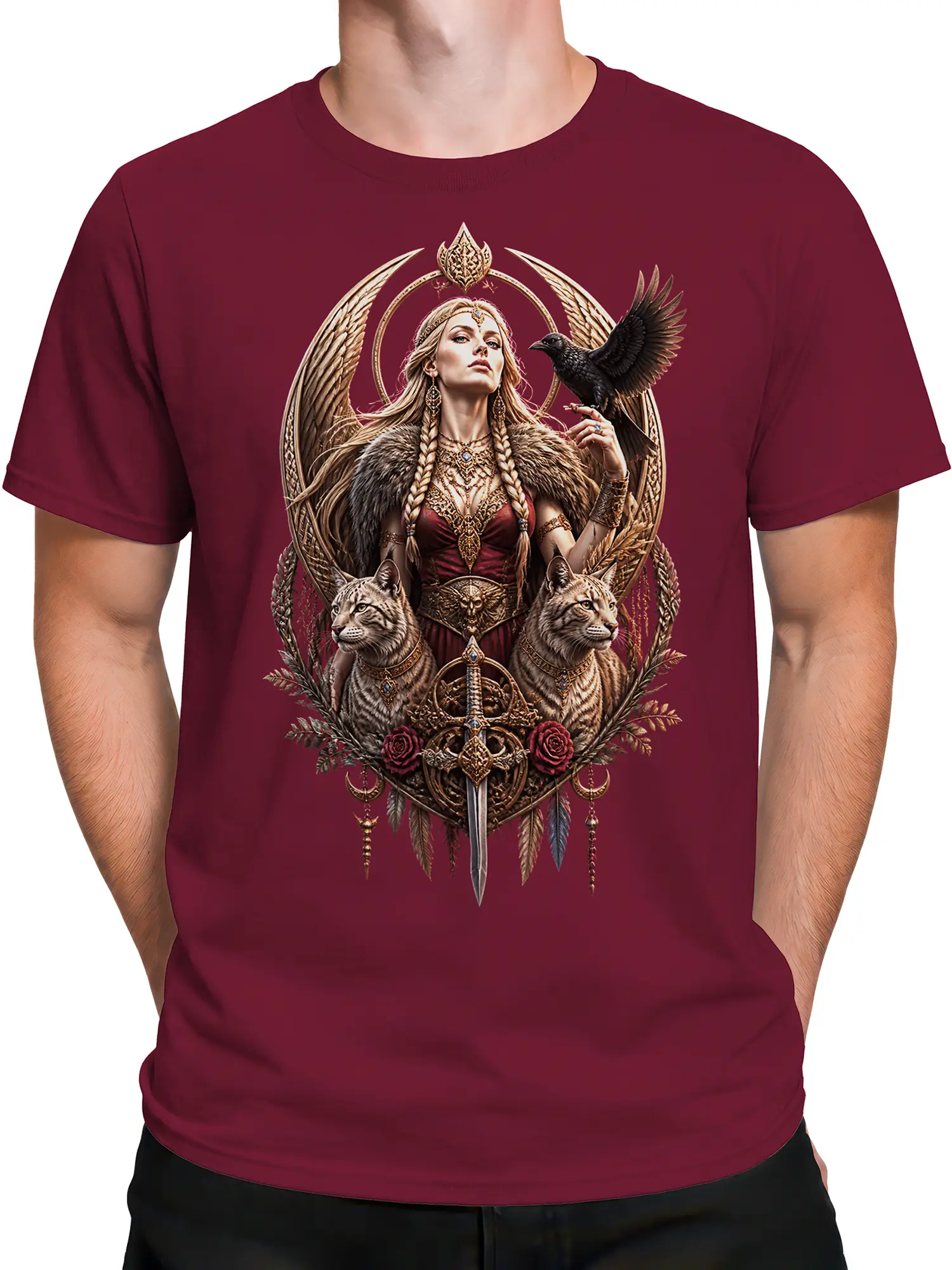 Male torso wearing a burgundy T-shirt with ornate winged guardian and feline fantasy artwork