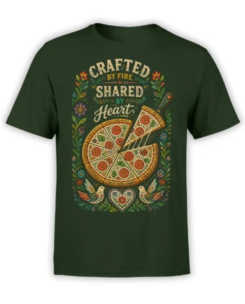 Green T-shirt with a floral folk-art pizza, two birds, hearts, and “Crafted by Fire, Shared by Heart” text