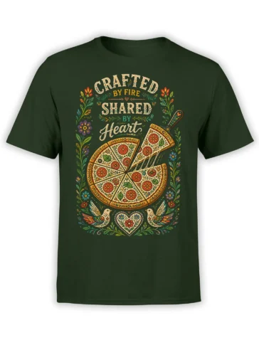 Green T-shirt with a floral folk-art pizza, two birds, hearts, and “Crafted by Fire, Shared by Heart” text
