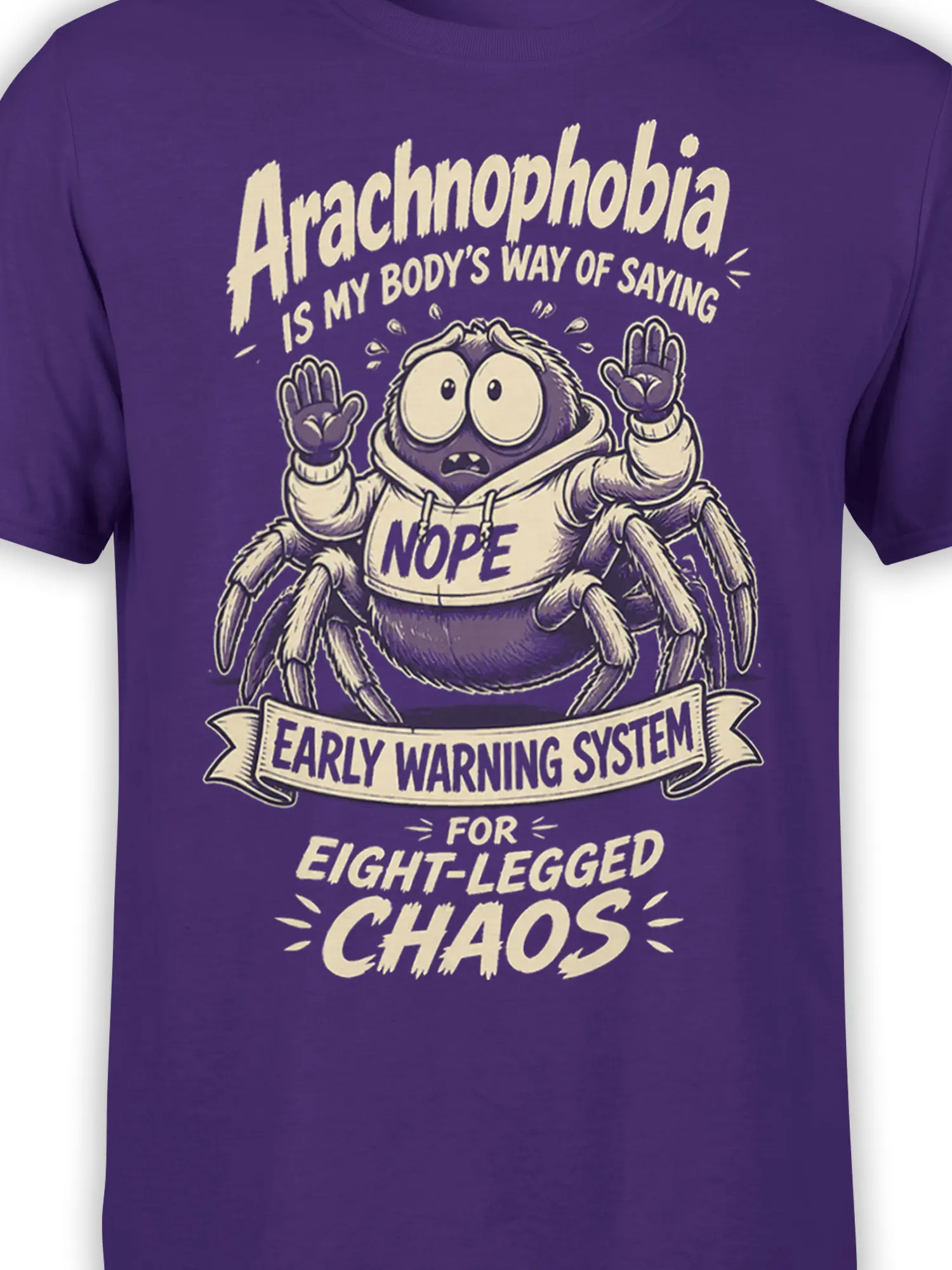 Close-up of nervous cartoon spider graphic and arachnophobia text on a purple graphic T-shirt