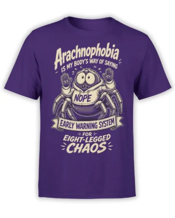 Purple spider T-shirt with a nervous cartoon arachnid, hoodie, and eight-legged chaos warning text