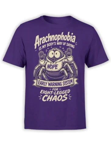Purple spider T-shirt with a nervous cartoon arachnid, hoodie, and eight-legged chaos warning text