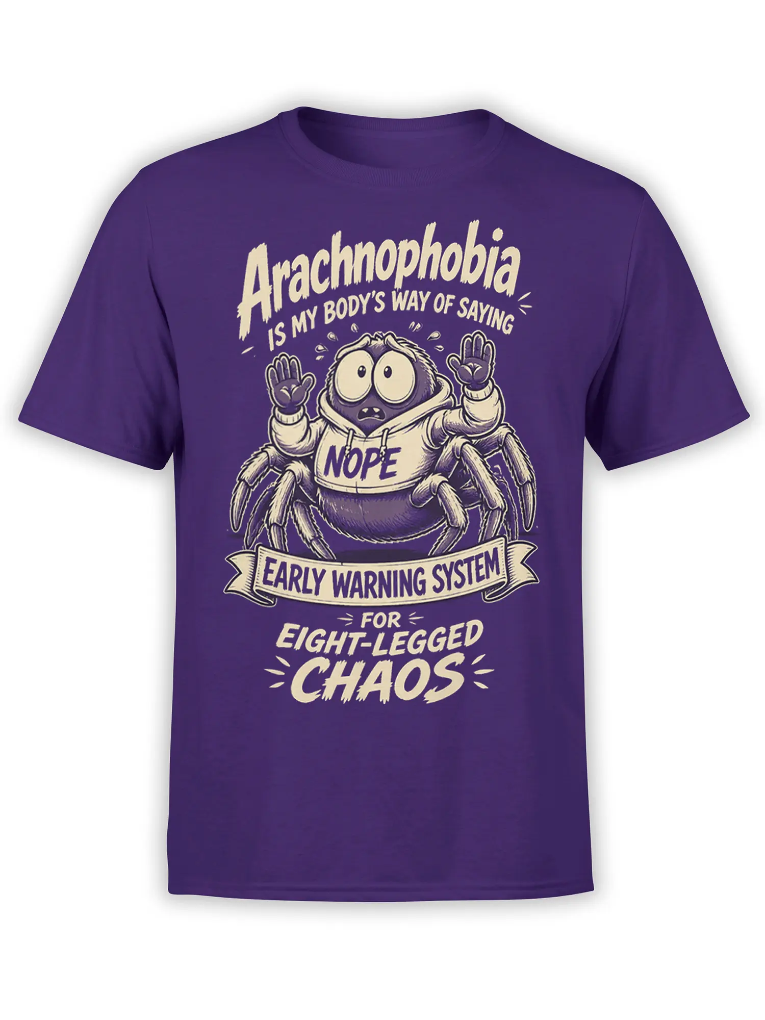 Purple spider T-shirt with a nervous cartoon arachnid, hoodie, and eight-legged chaos warning text