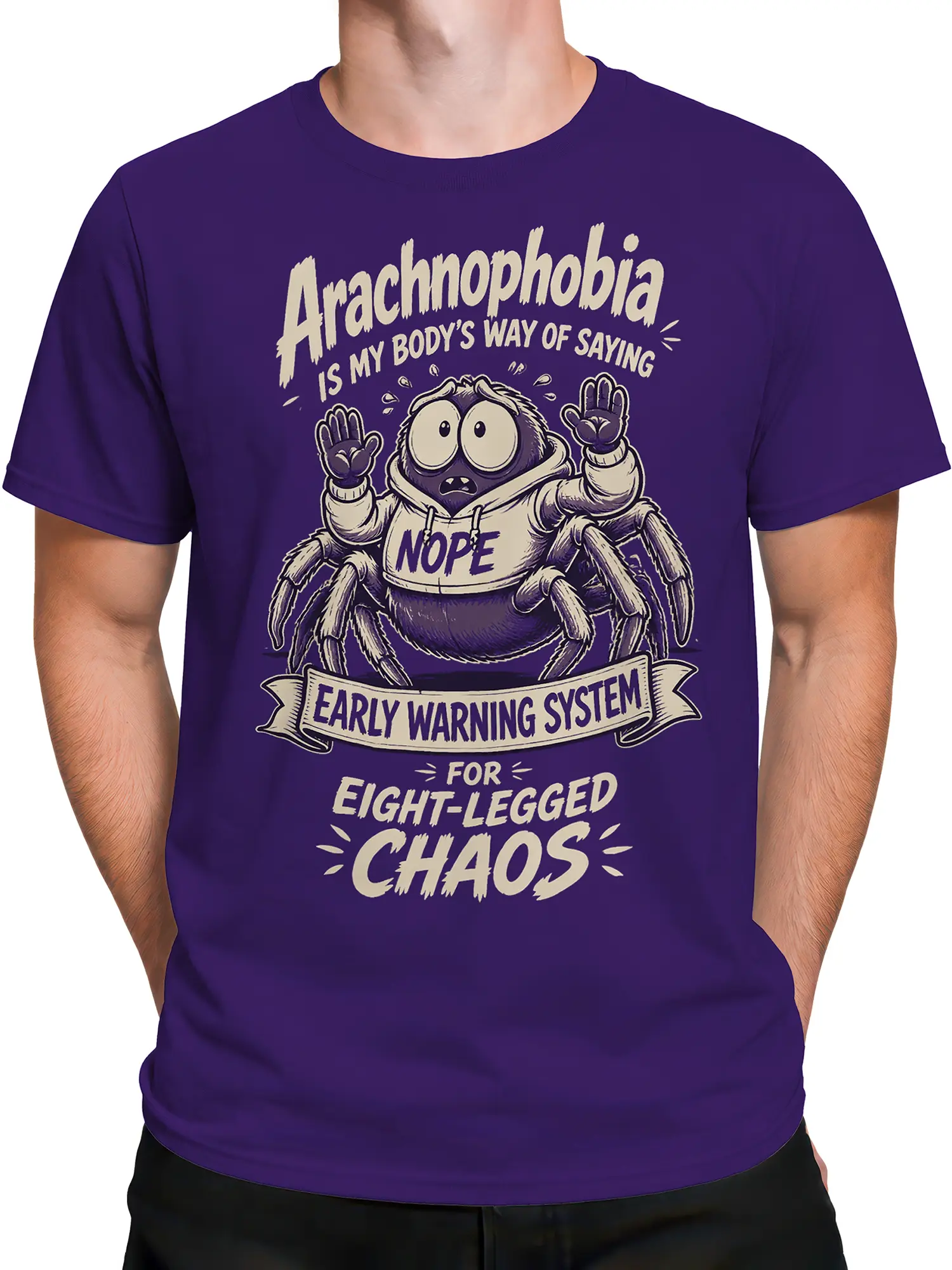 Male torso wearing a purple arachnophobia T-shirt with a nervous cartoon spider graphic