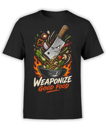 Black T-shirt with a fierce anthropomorphic cleaver, grinning bowl, flames, vegetables, and bold Weaponize Good Food text