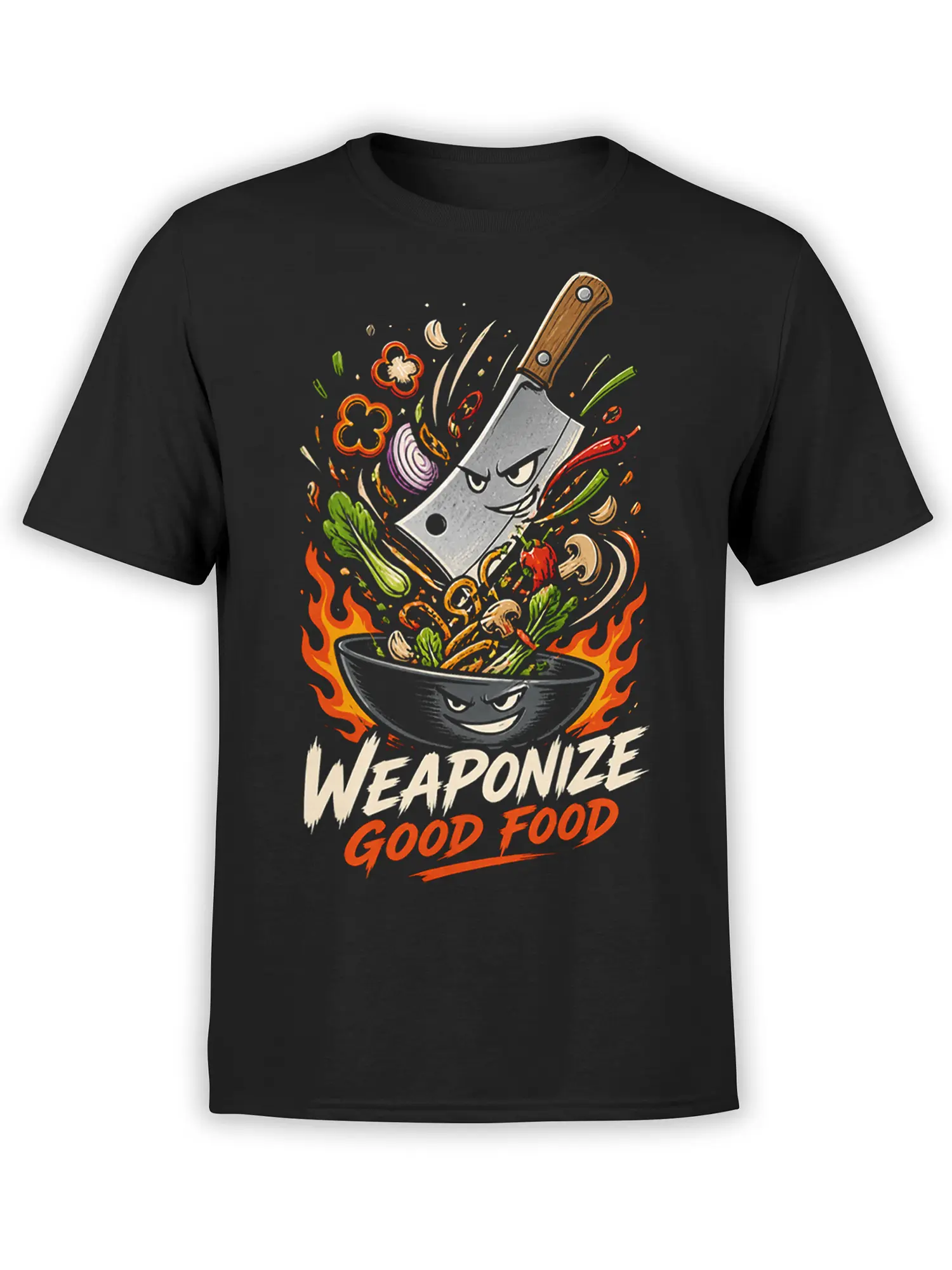 Black T-shirt with a fierce anthropomorphic cleaver, grinning bowl, flames, vegetables, and bold Weaponize Good Food text