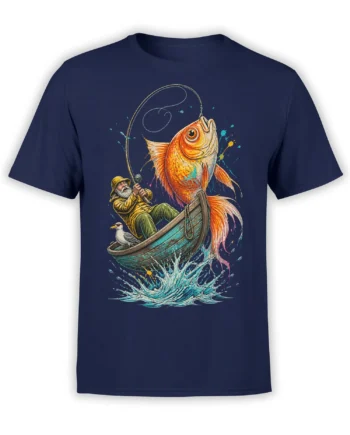 Colorful fishing scene with a fisherman and giant orange fish on a navy T-shirt