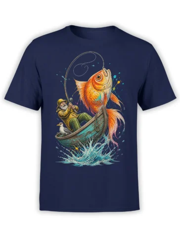 Colorful fishing scene with a fisherman and giant orange fish on a navy T-shirt