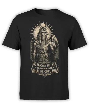 Black Egyptian T-shirt with a vintage falcon-headed guardian, sun disk, hieroglyphs, and symbolic text