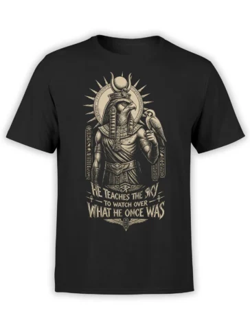 Black Egyptian T-shirt with a vintage falcon-headed guardian, sun disk, hieroglyphs, and symbolic text