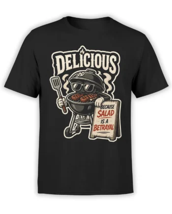 Vintage barbecue graphic tee with sunglasses-wearing grill, steaks, spatula, and salad joke on black shirt
