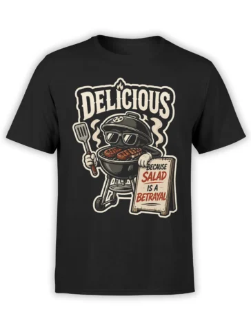 Vintage barbecue graphic tee with sunglasses-wearing grill, steaks, spatula, and salad joke on black shirt