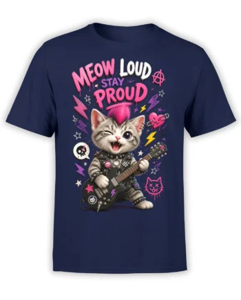 Punk cat with pink mohawk playing an electric guitar on a navy Meow Loud graphic tee