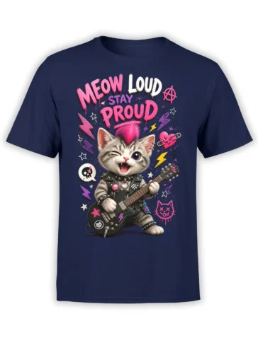 Punk cat with pink mohawk playing an electric guitar on a navy Meow Loud graphic tee