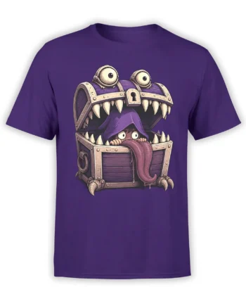 Purple monster t-shirt with a toothy treasure chest, giant eyes, hooded creature, claws, and long tongue