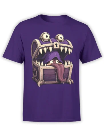 Purple monster t-shirt with a toothy treasure chest, giant eyes, hooded creature, claws, and long tongue