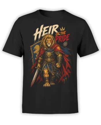 Armored lion warrior wearing a crown and cape with sword and shield artwork on a black T-shirt