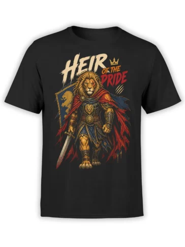 Armored lion warrior wearing a crown and cape with sword and shield artwork on a black T-shirt