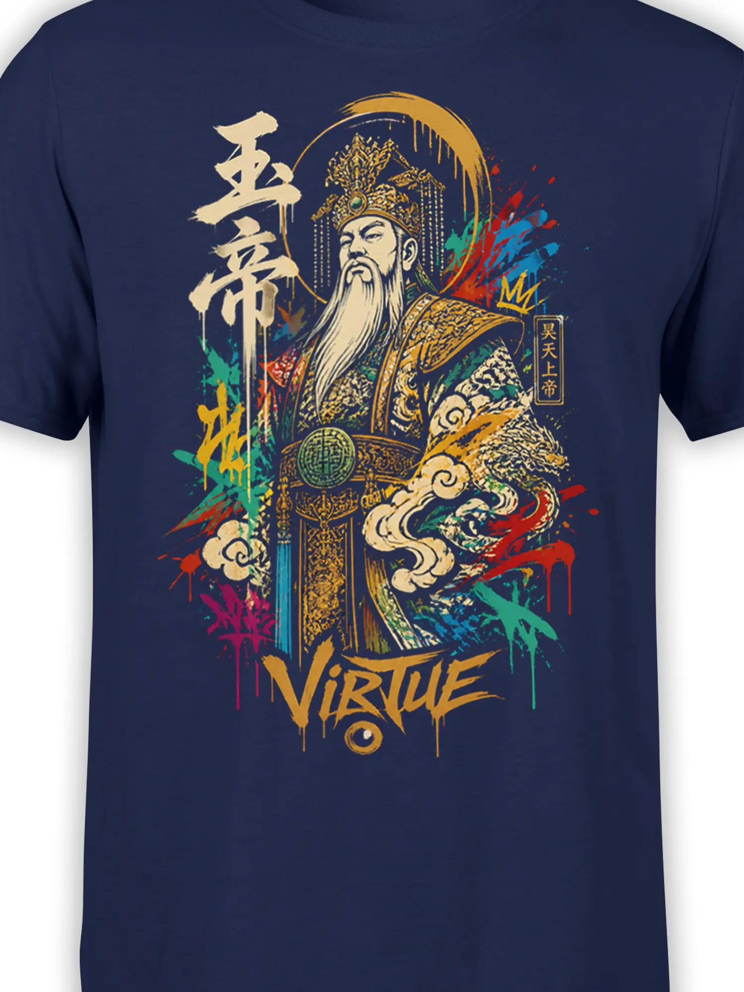 Close-up of ornate Chinese emperor artwork with crown, cloud details, and gold Virtue lettering on navy fabric