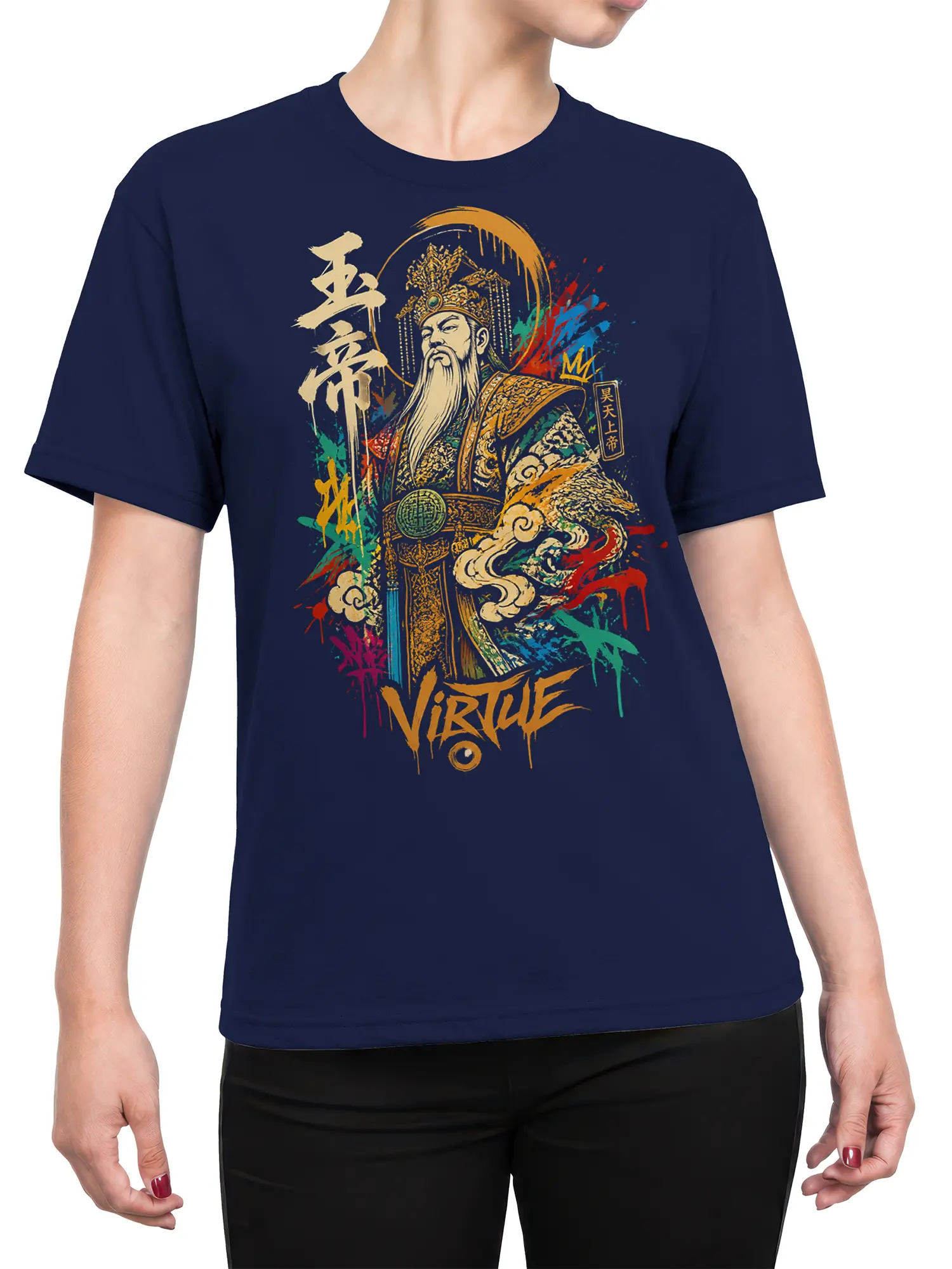 Female torso wearing a navy Chinese emperor graphic tee with colorful artwork and Virtue lettering